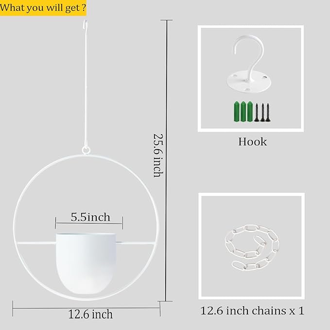 Hanging Planter Indoor Modern Boho Plant Pot Metal Wall and Ceiling Plant Holder, Mid Century Minimalist Flower Pot for Hanging Plants(White)