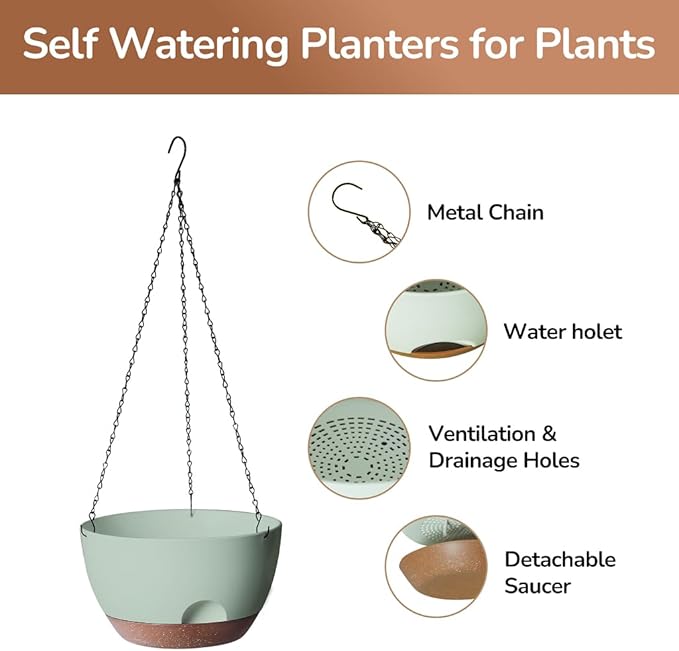 12 Inch Hanging Baskets for Plants Outdoor, Hanging Planters for Indoor Outdoor Plants, Hanging Planter with Self Watering, Hanging Flower Pots (Green)