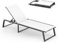 Aluminum Chaise Lounge Chair Outdoor, Foldable & Assembly Free Patio Pool Lounge Chairs 5-Position Recliner for Outside Poolside, Fully Grounded Legs Sun Lounger for Beach, Yard, Bright White