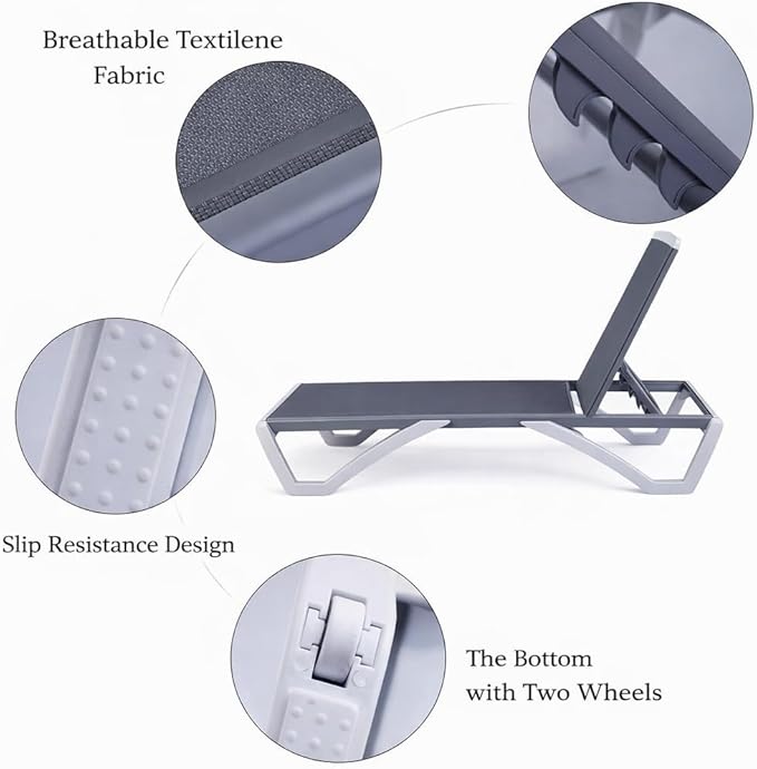 Kozyard Outdoor Chaise Lounge Chair, Full Flat Adjustable Patio Lounger with Aluminum Frame & Resin Legs, Textilene Fabric for Poolside, Backyard & Beach (Gray, Chair with Table)