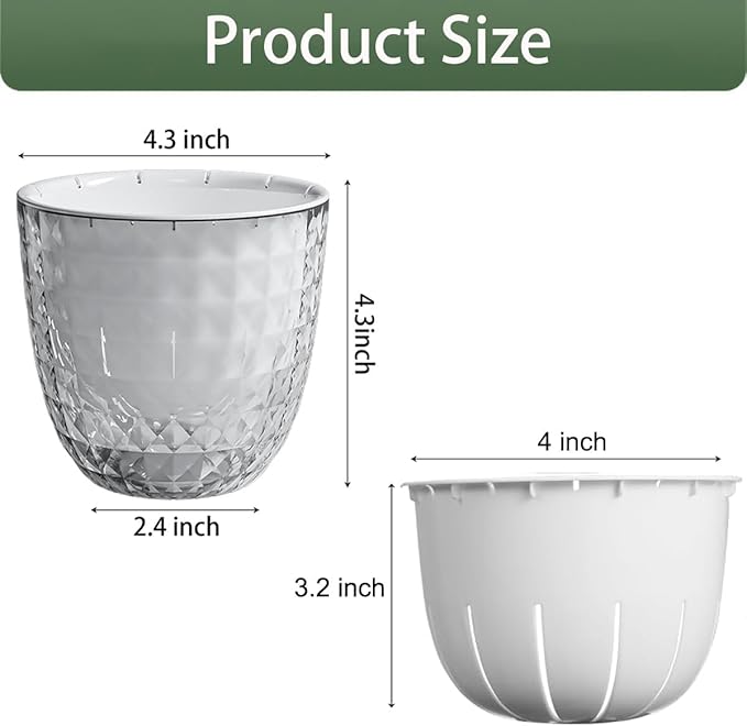 2 Pack 4 inch Self Watering Plants Pots Planters for Indoor Plants, African Violets Pots with Drainage Holes and Tray, Modern Plastic Flower Nursery Pots for Succulents,Herbs,Cactus