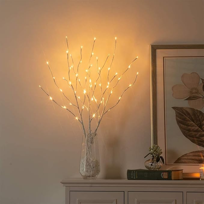 Vanthylit 3PK 30'' Lighted Birch Twig Branches with 60 LED Warm White Bulbs Waterproof Adapter in for Outdoor and Indoor Decor