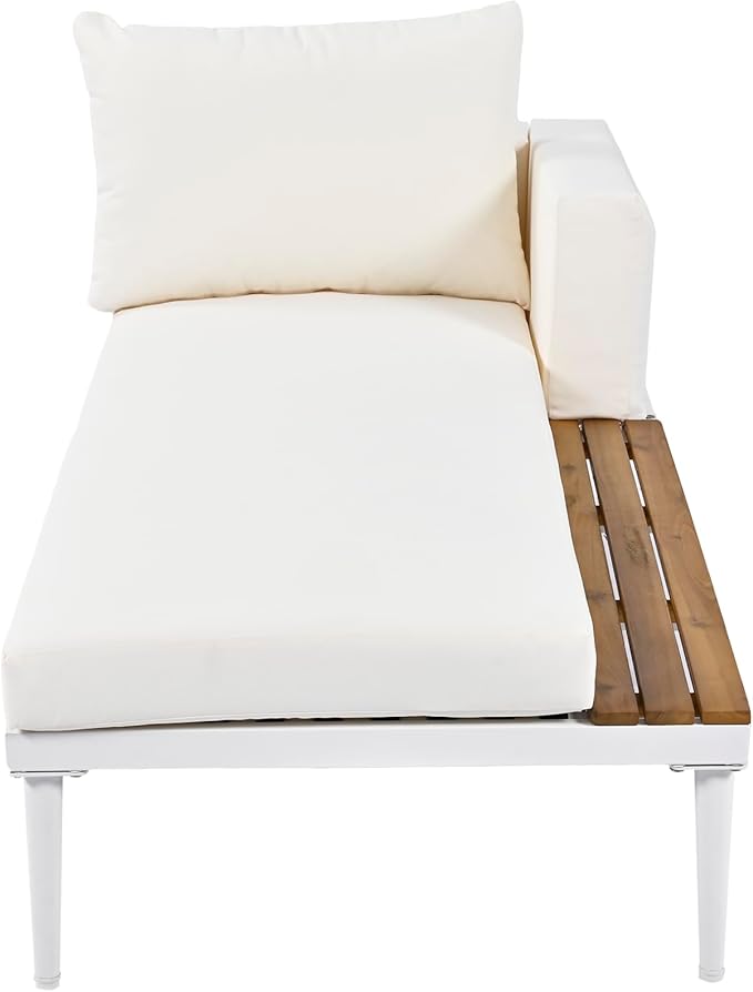 Outdoor Patio Metal Daybed with Wood Topped Side for Drinks, 2 in 1 Padded Chaise Lounge Chair with Cushions & Pillows, Outdoor Double Sun Lounger for Lawn Garden Poolside, Beige