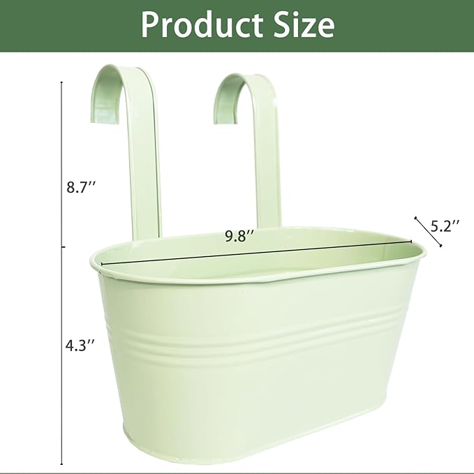Balcony Hanging Planters Flower Pots, 10" Metal Flower Pots for Outdoor Balcony Rails, Fence Pot Hanging Plant Holders with Detachable Hooks for Garden Patio Yard Decor (Mint Green, 2Pcs)