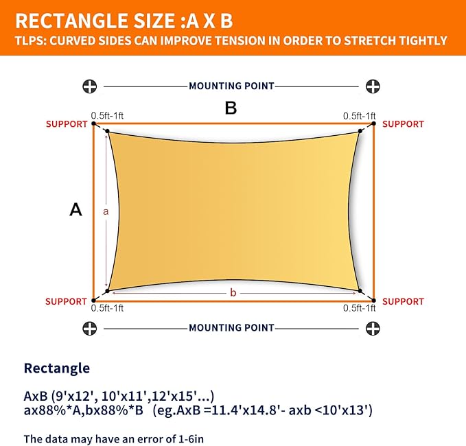8' x 8' Sun Shade Sail Sand Curved Commercial Outdoor Shade Cover Sand Rectangle Heavy Duty Permeable 185GSM Backyard Shade Cloth for Patio Garden