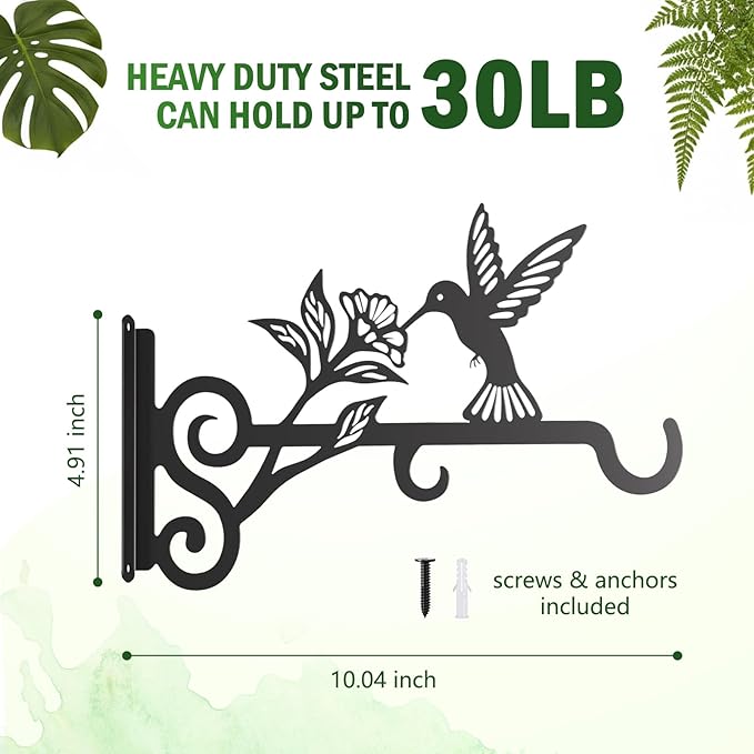 2-Pack Aesthetic Plant Hangers Outdoor – 10 Inch Metal Hanging Plant Bracket with Beautiful Hummingbird Pattern – Anti Rust Plant Hooks for Hanging Plants, Bird Feeder, Windchime, Lantern