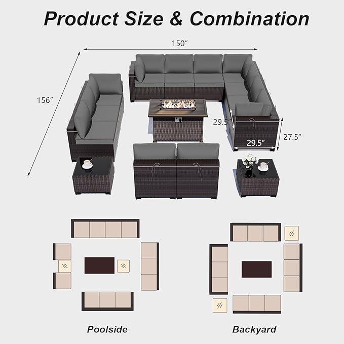 ALAULM Patio Furniture Set with Fire Pit Table 55000 BTU, Outdoor Sectional with Wide Seat and Thick Cushion, 15 Piece Wicker Rattan Conversation Set with Coffee Table for Garden, Deck, Grey
