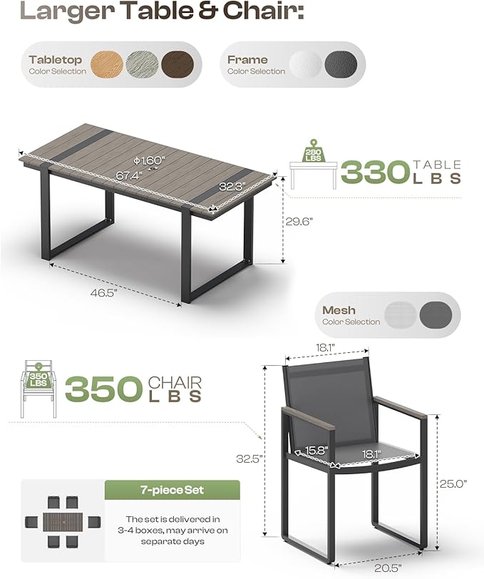 Outdoor Dining Set, HDPS + Aluminum Patio Table and Chairs Set with U-Shaped Base, 7 Piece Outdoor Furniture Set with Umbrella Hole, Patio Dining Table Set for Garden, Backyard (Gray)