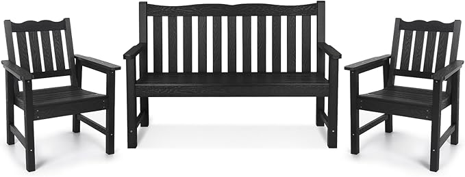 Stoog All-Weather Outdoor Bench & Chairs Set, 3-Piece Patio Furniture Set, Include 1 Garden Bench and 2 Garden Chairs, Never Rot or Fade, Black