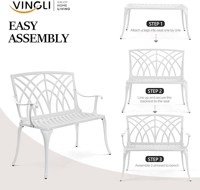 VINGLI 38" Outdoor Bench Cast Aluminium Garden Bench, Orchid Porch Benches Patio Benches Deck Furniture for 1-2 Person Seat(White)