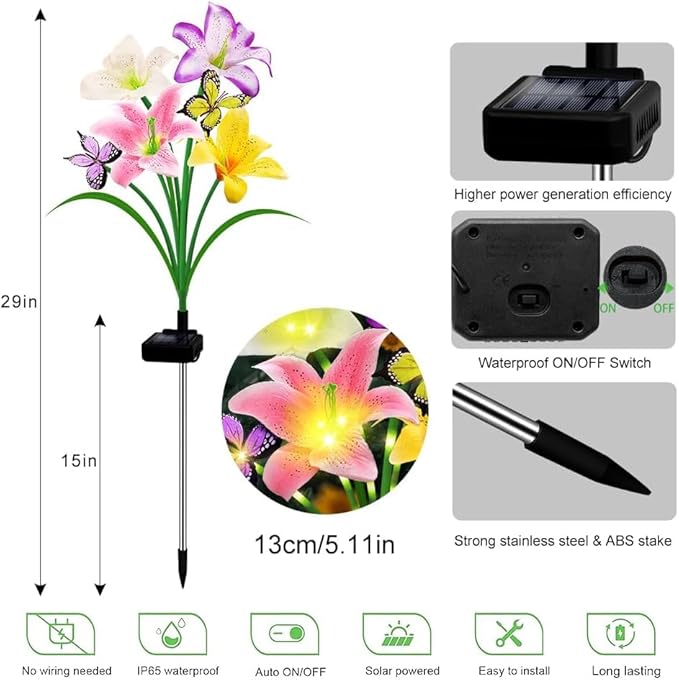 Solar Garden Lights 6 Pack LEDs Solar Lilies Flower Lights, Yard Patio Pathway Decoration High Flexibility Copper Wire Handmade Silk Artificial Flowers Never Wither, Gift for Family Friends