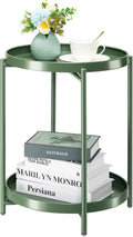danpinera 2 Tier Metal Side Table with Removable Tray, End Table Outdoor Small Accent Table, Anti-Rust Green Nightstand for Bedroom Balcony Patio (Dark Green)
