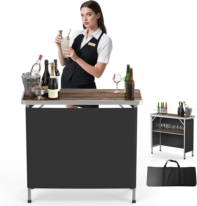 VINGLI Portable Bar Table, 2-Tier Shelves, Mobile Bar Table for Events, Party, Camping, Picnic, Tradeshow, Indoor with Black Skirt, 39 "L x 34" H