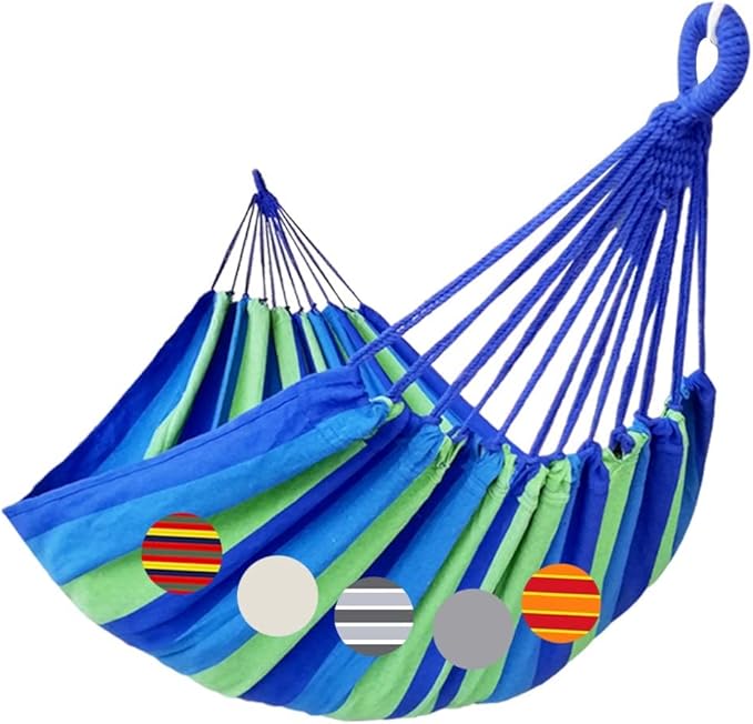 Brazilian Double Hammock 2 Person Extra Large 220x160cm Total Length 330cm Load 500lb Canvas Cotton Hammock for Patio Porch Garden Backyard Lounging Outdoor and Indoor(Blue/Green) XXL