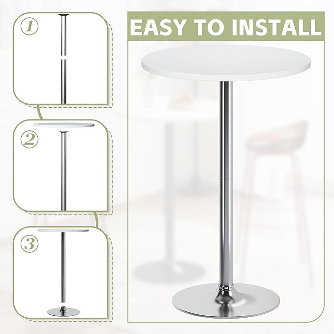 Flamaker Round Bistro Pub Table Modern Style Metal Base MDF Top Cocktail Bar Table Counter Bar Height for Pub, Dining Room, Party (1, White-Silver)
