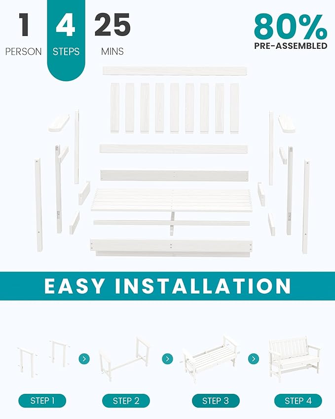 SERWALL Outdoor Bench, HDPE Outdoor Benches Weatherproof, 2-Person Garden Bench with 660 lbs Weight Capacity, Patio Benches for Outdoors, Garden, Porch, Backyard and Park, White, 6 Pack