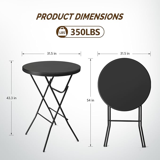 VINGLI 32" Plastic Folding Round Table Bar Height, HDPE Matrial with Gray Metal Finish, High Top Table for Outdoor Party, Cafes, Restaurants, Backyard, Dining Room, Wedding Event,1 Pack, Black