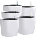 KINJOEK 5 Packs 7 Inch Self Watering Pot with Water Level Indicator, Modern Garden Decorative White Flower Pot, Flowers, African Violets, Succulents, White