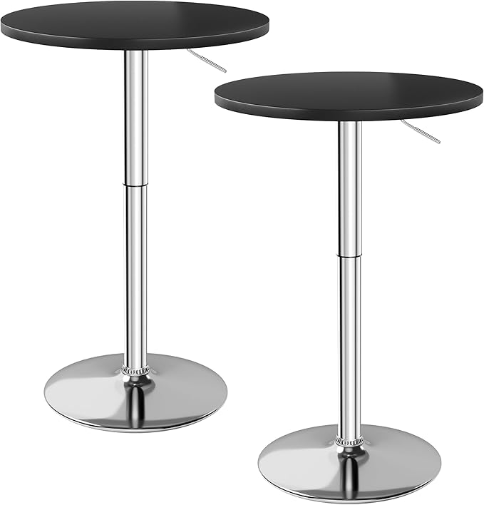 Flamaker Round Bistro Pub Table 23.6 Inch Height Adjustable 360° Swivel Bar Table Metal Base for Pub, Dining Room, Party (2, Black-Silver)