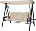 U-MAX 3-Seat Outdoor Patio Swing Chair, Swing Glider with Canopy Porch Swing, Weather Resistant Steel Frame Cup Holders Cushions, Adjustable Tilt Canopy, Beige
