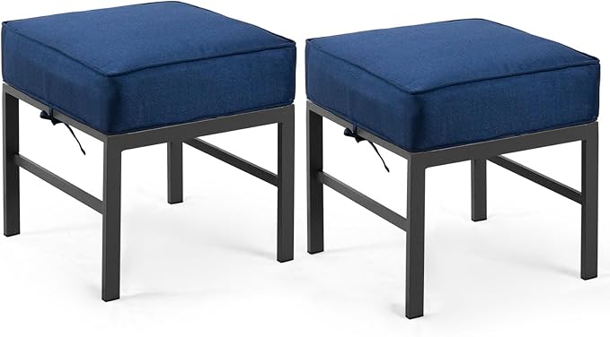 2 Pieces Outdoor Ottomans for Patio, Assembled Patio Ottomans with Bule Cushions, Metal Small Outdoor Footrest for Patio Porch Yard Garden Deck, Gray Frame