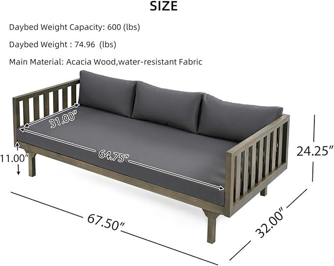 Merax Solid Acacia Wood Couch Chaise Lounge Chair Indoor, 3 Seater Daybed Sofa Couches with Cushions & Pillow, Heavy Frame Day Bed for Living Room, Office, Outdoor, Balcony, Patio, Water Resistant