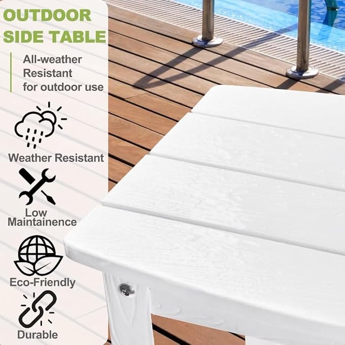 Y&M Outdoor Side Table, HIPS Adirondack Small Single Table, Waterproof Square Outside Table, Balcony Modern End Tables for Patio, Pool, Beach, Porch, Deck, Indoor or Outdoor Use (White, 2 Pack)