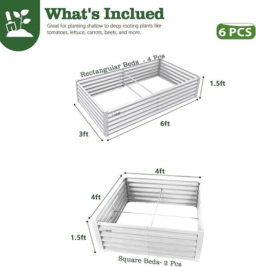 A ANLEOLIFE Set of 6, 18 Inch Tall Antique White Raised Garden Beds Kit, Rectangular & Square Planters for Organized Backyard Gardens