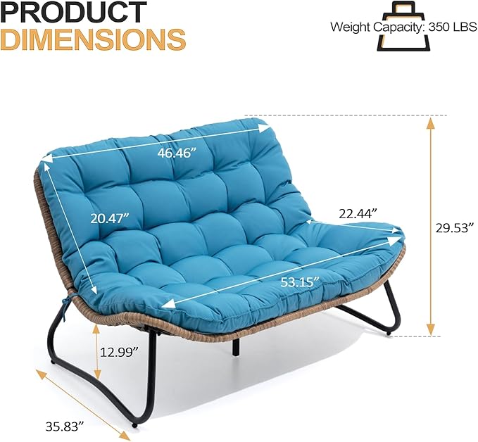 Crestlive Products Patio Loveseat, All-Weather Rattan Large Furniture with Soft Cushions, Outdoor Loveseat for Balcony, Poolside, Backyard (Blue)