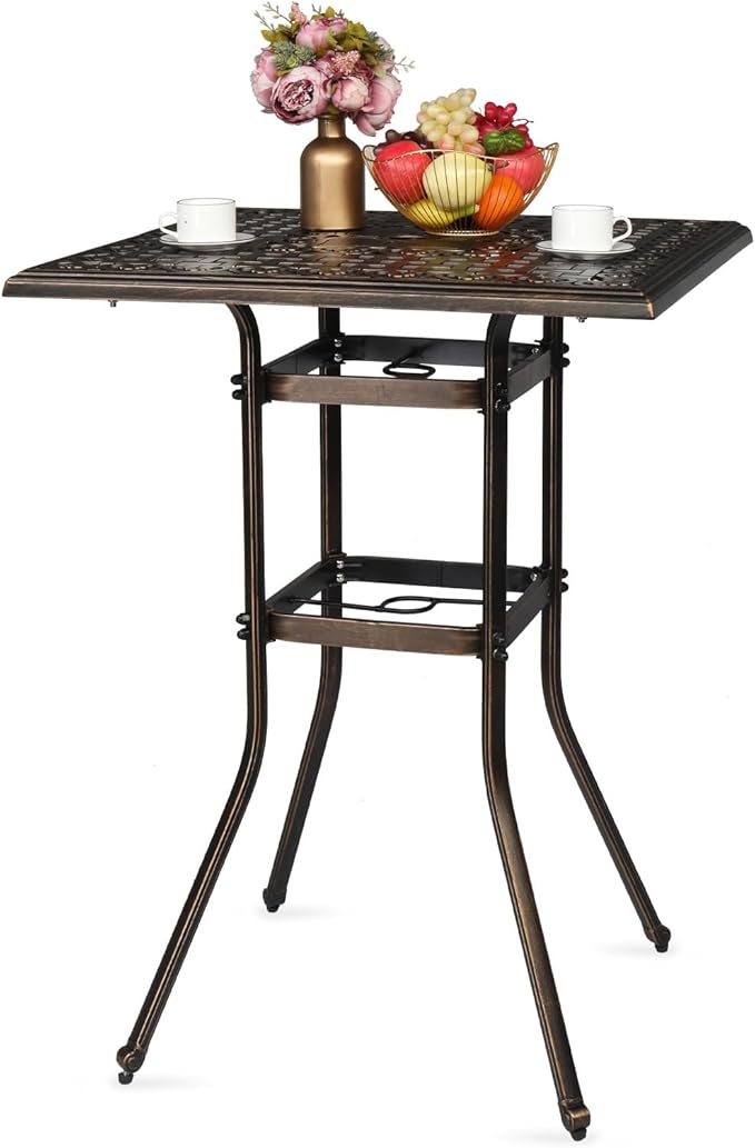 VINGLI Cast Aluminum Patio Bar Table, 42" Height High Top Outdoor Bar Table with Umbrella Hole, Pub Height Bistro Square Table for Paito Lawn Garden