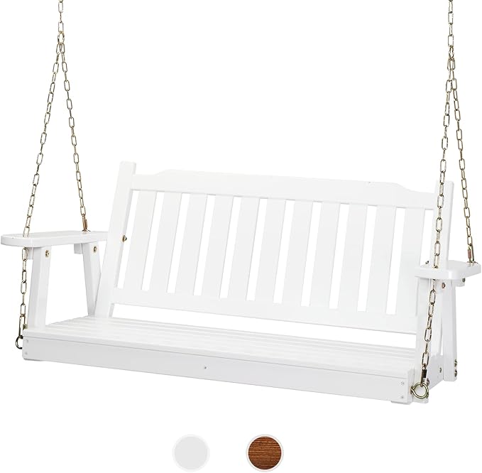 VINGLI Upgraded Heavy Duty 880 LBS 4 FT Patio Wooden Porch Swing Solid Fir Wood, Outdoor Handing Swing Bench for Garden | Yard | Balcony | Tree, White