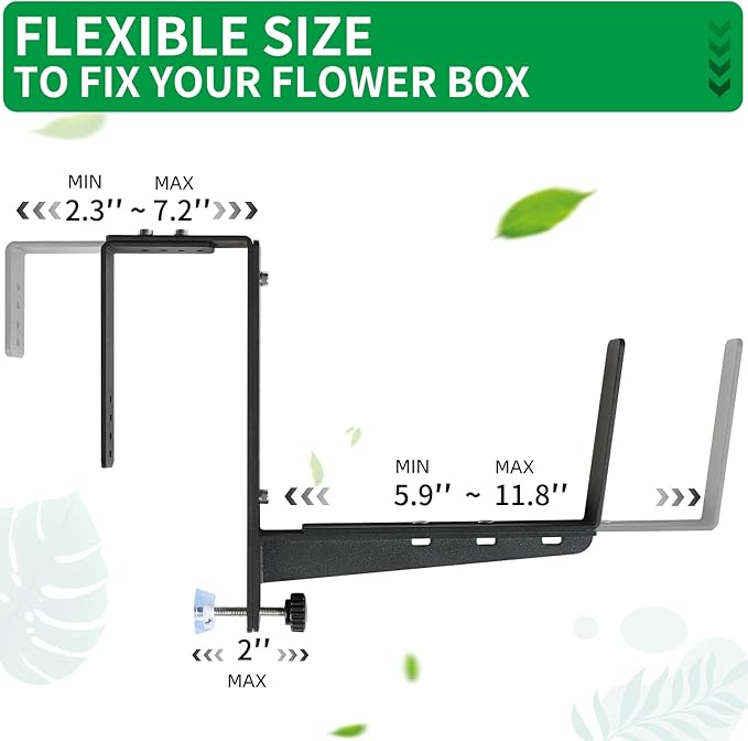 Window Box Brackets, Adjustable Planter Box Brackets, Heavy Duty Iron Flower Box Brackets for Railings, with Enhanced Bottom Support - Perfect for Balconies, Fences, and Gardens (Black, 4 Pack)