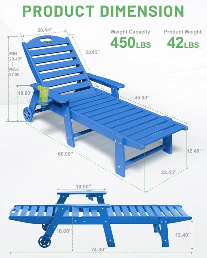 Lounge Chair Outdoor, Chaise Lounge Outdoor, HDPE 6-Position Lounge Chair for Outside, Patio Lounge Chair with Wheels & Cup Holder for Pool Poolside Deck Backyard, Navy Blue