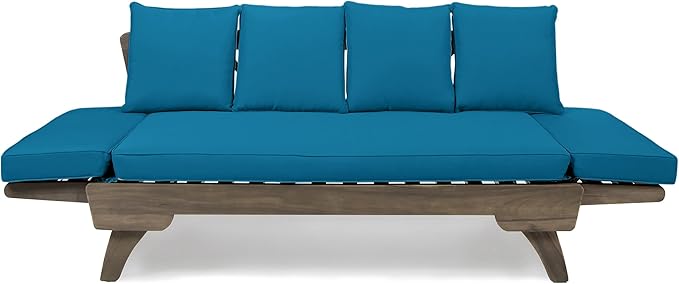 Merax Outdoor Patio Daybed Sofa,3-Seat Sofa with Foldable Arm 4 Back Pillows,Teak Acacia Wood Frame Beige Removable Cushion,Grey+Teal
