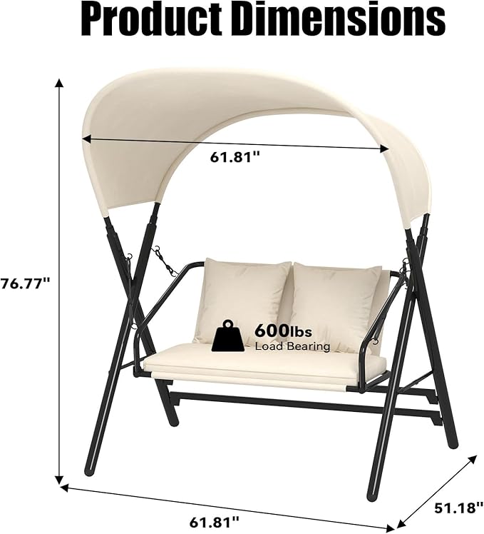 U-MAX 2 Seat Outdoor Porch Swings for Adults Patio Swings with Canopy Stand Metal Steel Frame Patio Swing Chair for Garden Yard Deck Poolside Easy Assembly, Cream White