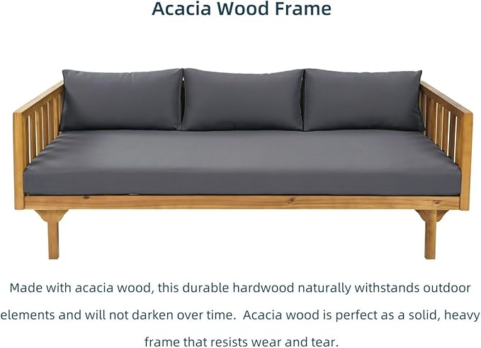 Merax Solid Acacia Wood Couch Chaise Lounge Chair Indoor, 3 Seater Daybed Sofa Couches with Cushions & Pillow, Heavy Frame Day Bed for Living Room, Office, Outdoor, Balcony, Patio, Water Resistant