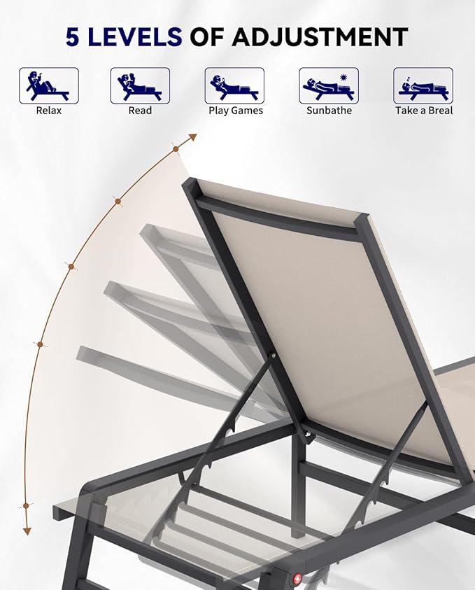 Aluminum Chaise Lounge Chair Outdoor, Foldable Patio Lounge Chair Assemble-Free, Pool Lounge Chairs with 5 Adjustable Backrest, Outdoor Lounge Chairs for Outside Poolside Beach Lawn Beige