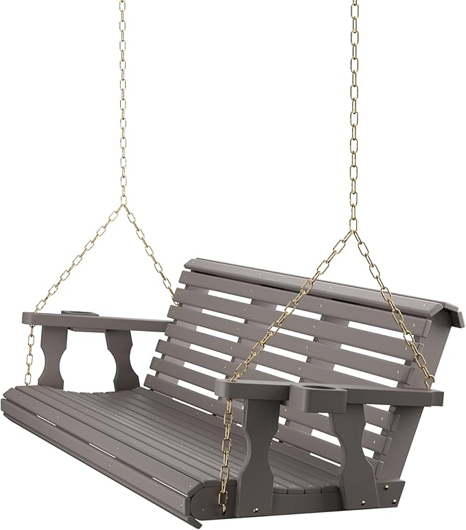 Amish Casual 6 Foot Roll Back Porch Swing with Cup Holders in Semi-Solid Gray Stain - Amish Made in The USA from Treated Pine Heavy Duty 700 Lb. Weight Capacity