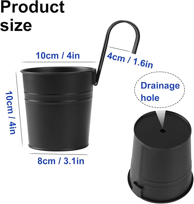 20 Pack 4 Inch Railing Hanging Planter, Black Small Hanging Bucket Planters, Metal Hanging Flower Pots, Metal Railing Bucket for Outdoor, Balcony, Fence, and Porch with Detachable Handles