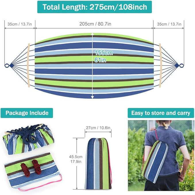 MOSFiATA Hammocks Portable Camping Hammock Upgraded 550lb Comfortable Fabric Hammock with Two Anti Roll Balance Beam and Sturdy Tree Straps for Camping, Patio, Backyard, Outdoor （Light Green）