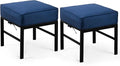 2 Pieces Outdoor Patio Ottomans, Assembled Aluminum Outdoor Ottoman with Blue Cushions, Aluminum Small Outdoor Foot Stools for Patio Porch Yard Garden Deck, Black Frame