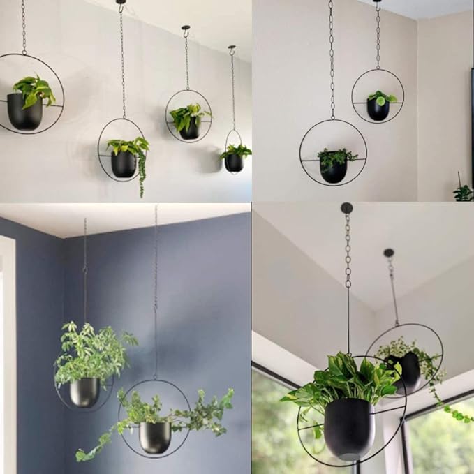 2 Pcs Hanging Planters for Indoor and Outdoor Plants with Hooks and Chains, Metal Modern Wall Ceiling Planter Hangers Minimalist Flower Pot Holder Basket for Home Decor(Black)