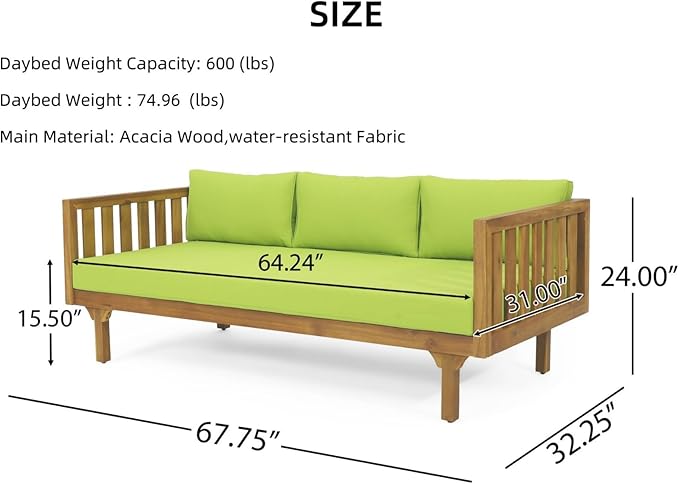 Merax Solid Acacia Wood Couch Chaise Lounge Chair Indoor, 3 Seater Daybed Sofa Couches with Cushions & Pillow, Heavy Frame Day Bed for Living Room, Office, Outdoor, Balcony, Patio, Water Resistant