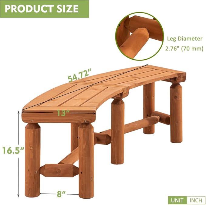 Outdoor Wooden Curved Backless Porch Bench Rustic Style Cedar/Fir Wood Log Fire Pit Bench for Patio Garden Deck and Backyard, 40"-54.7" W×13" D×16.5" H, Brown