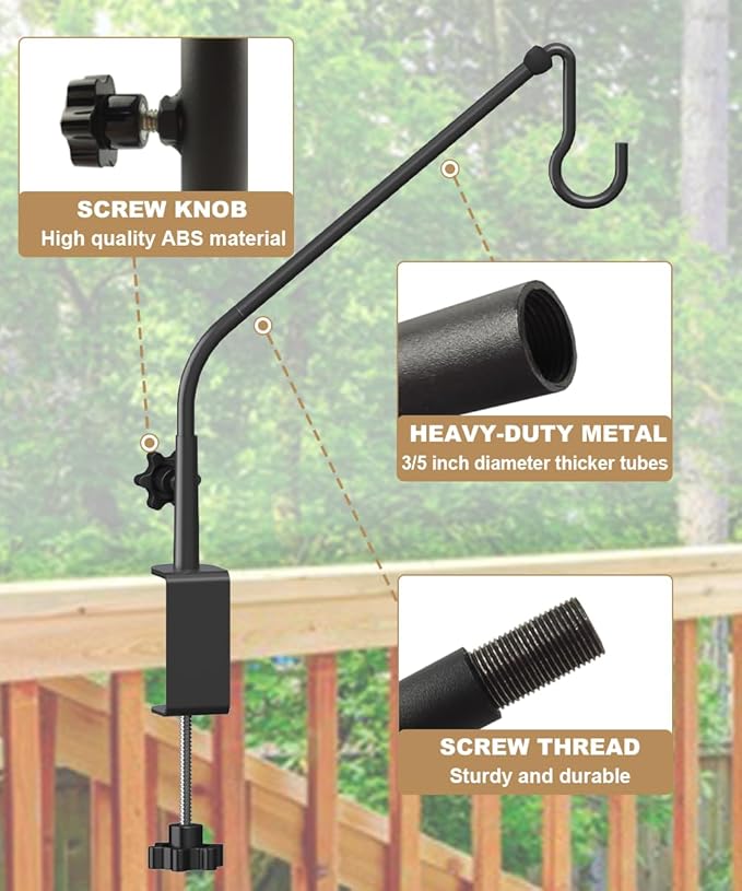 20 Inch Extended Reach Deck Hook Hanger for Railing, Heavy Duty Outdoor Plant Hook Holder for Hanging Bird Feeder Pole Deck Hanger Flower Basket Planter or Lanterns, Wind Chimes, 1 Pack