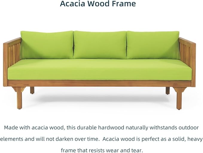 Merax Solid Acacia Wood Couch Chaise Lounge Chair Indoor, 3 Seater Daybed Sofa Couches with Cushions & Pillow, Heavy Frame Day Bed for Living Room, Office, Outdoor, Balcony, Patio, Water Resistant