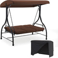U-MAX Porch Swing with Cover, Patio Swing with Adjustable Backrest&Canopy 3 Seat Outdoor Swing with Canopy 2-in-1 Convertible Patio Daybed with Removable Brown Cushions