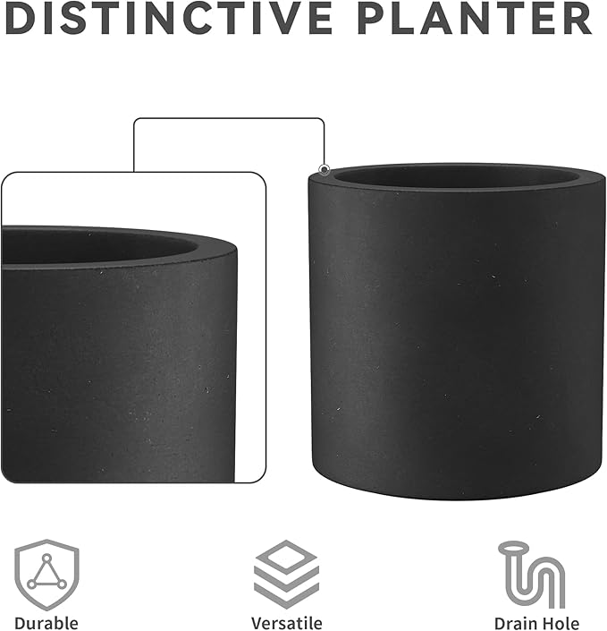 Kante 9.8" Dia Round Concrete Planter, Modern Style Large Cylindrical Plant Pot with Drainage Hole and Rubber Plug for Indoor Outdoor Patio, Burnished Black