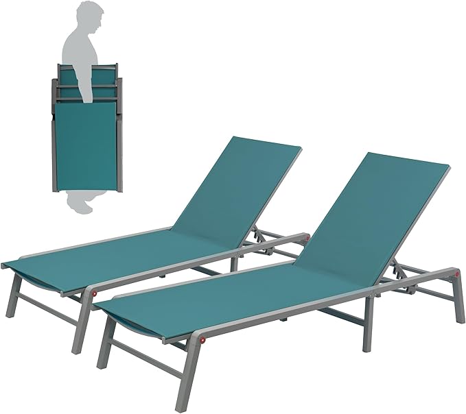 Kozyard 2-Pack Outdoor Lounge Chairs, Foldable Aluminum Frame Patio Chaise Lounge with 5-Position Adjustable Backrest, No Assembly, Breathable Textilene Fabric for Poolside Beach (MintGreen, Notable)