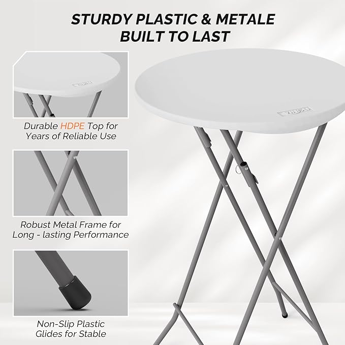 VINGLI 24" Plastic Folding Round Table Bar Height, HDPE Matrial with Gray Metal Finish, High Top Table for Outdoor Party, Cafes, Restaurants, Backyard, Dining Room, Wedding Event,1 Pack, White